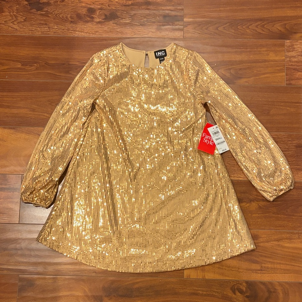 I.N.C. Gold Sequin Dress Girls 7/8 Long Sleeve Holiday Party Shift - Picture 2 of 10